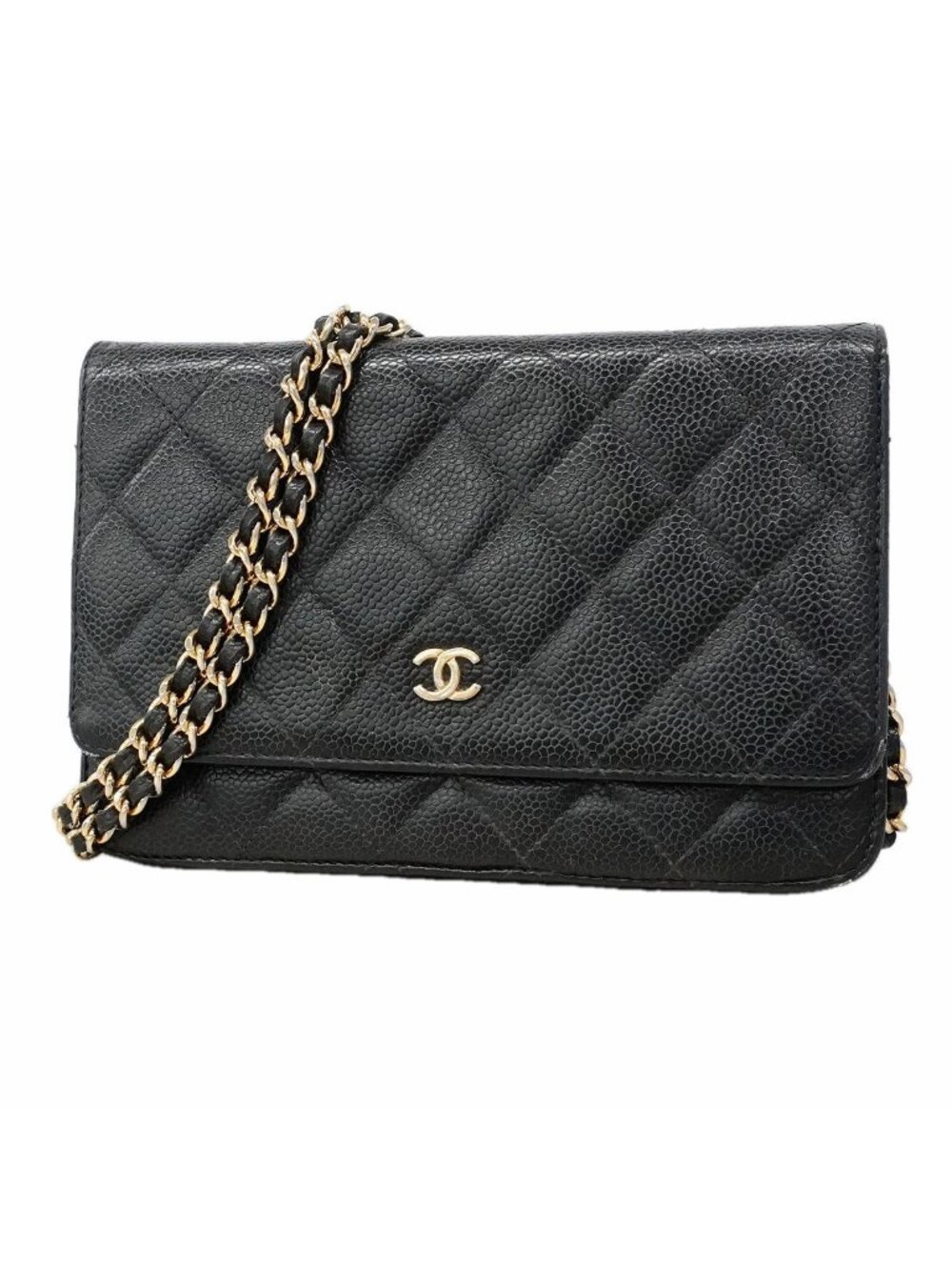 Chanel Wallet on Chain Quilted Caviar Leather Black Gold Shoulder Bag